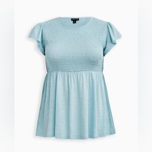 Torrid Babydoll Cotton Crewneck Smocked Top Light Blue